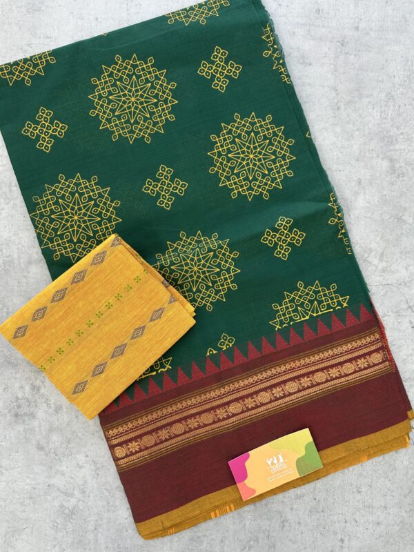 Dark Green Kolam Printed Handloom Cotton Saree with Extra Blouse Material - Image 2