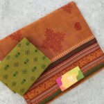 Orange Kolam Printed Handloom Cotton Saree with Extra Blouse Material