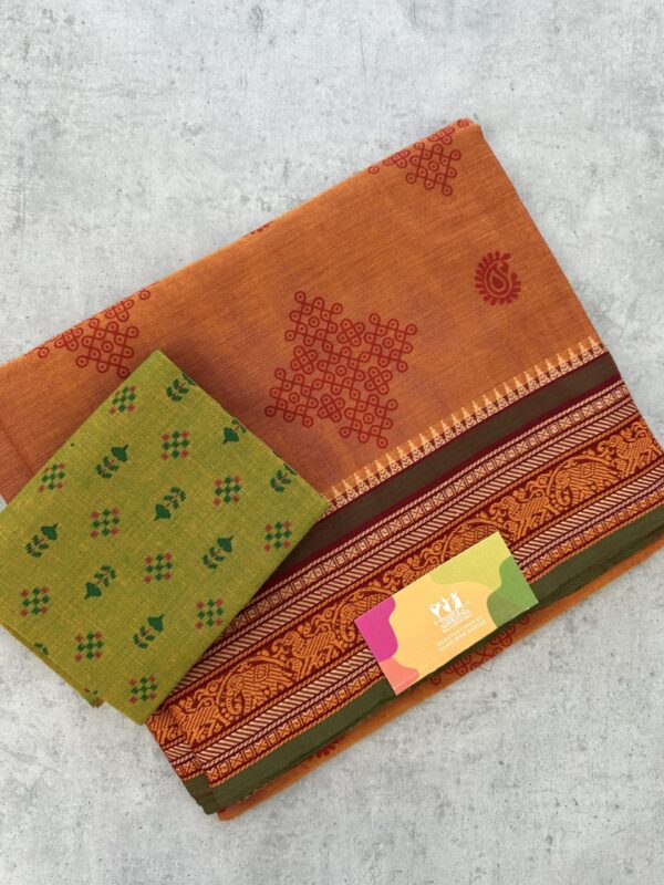 Orange Kolam Printed Handloom Cotton Saree with Extra Blouse Material