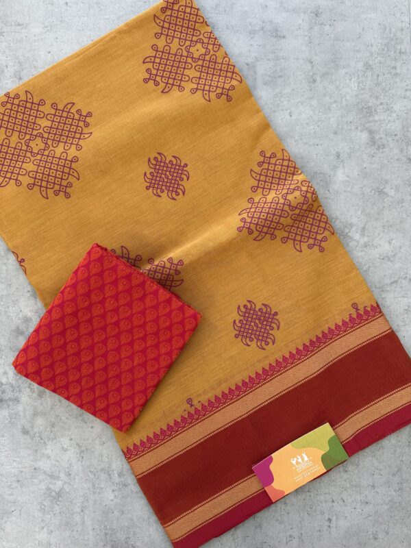 Kolam Printed Handloom Cotton Saree with Extra Blouse Material - Image 2