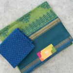 Parrot Green Kolam Printed Handloom Cotton Saree with Extra Blouse Material