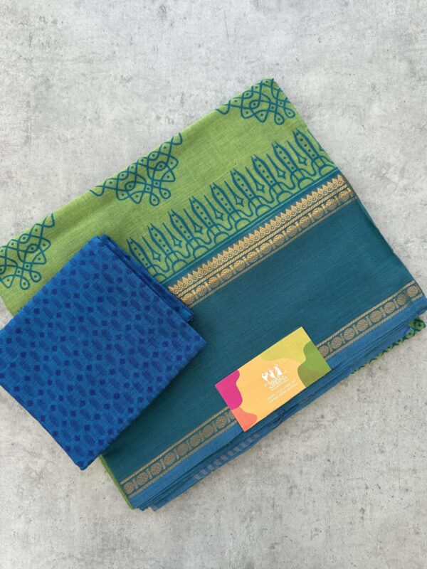 Parrot Green Kolam Printed Handloom Cotton Saree with Extra Blouse Material