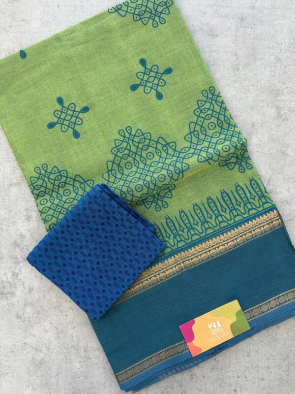 Parrot Green Kolam Printed Handloom Cotton Saree with Extra Blouse Material - Image 2