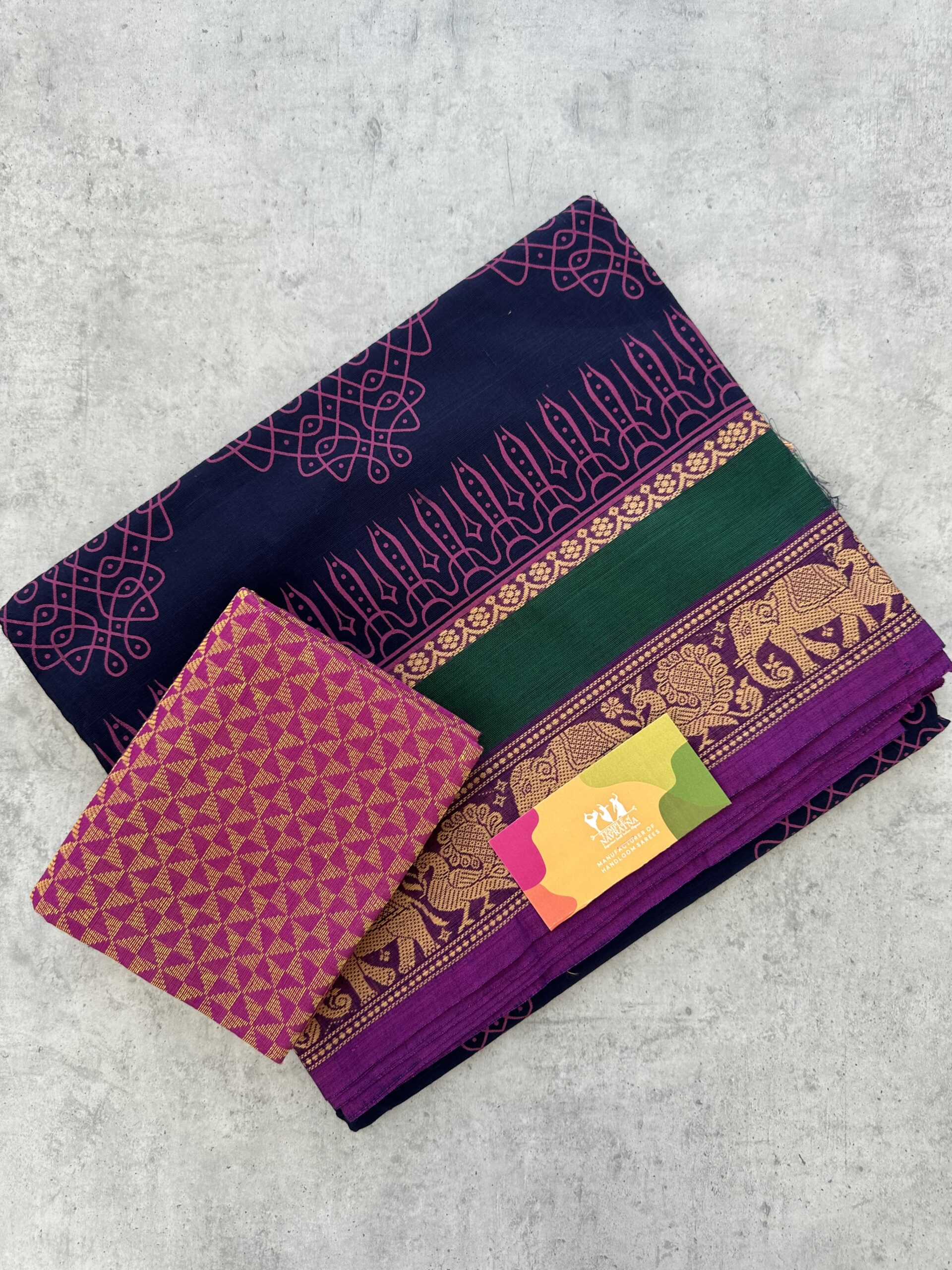 IMG_4493 Navy Blue Kolam Printed Handloom Cotton Saree with Extra Blouse Material - Image 1