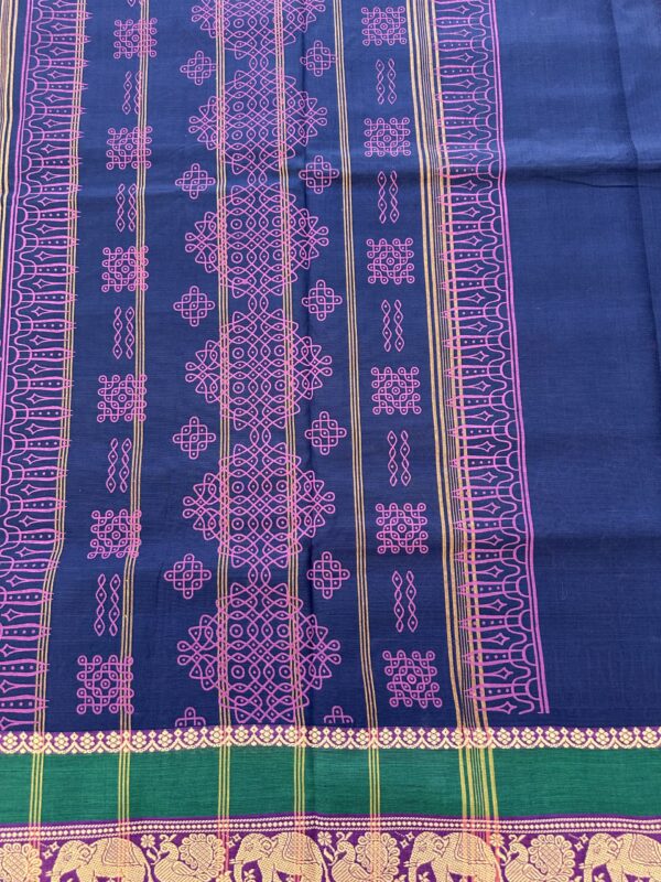 Navy Blue Kolam Printed Handloom Cotton Saree with Extra Blouse Material - Image 3