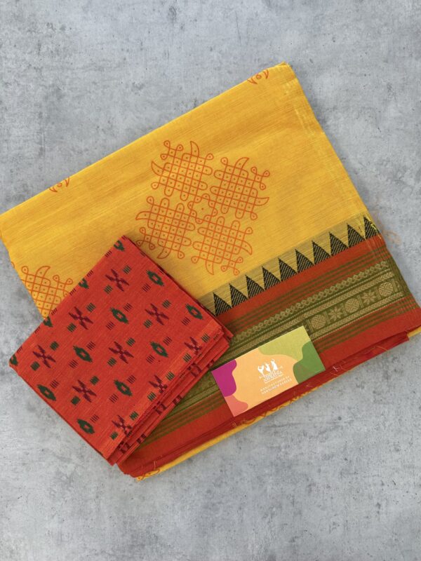 Yellow Kolam Printed Handloom Cotton Saree with Extra Blouse Material