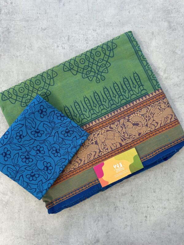 Sea Green Kolam Printed Handloom Cotton Saree with Extra Blouse Material
