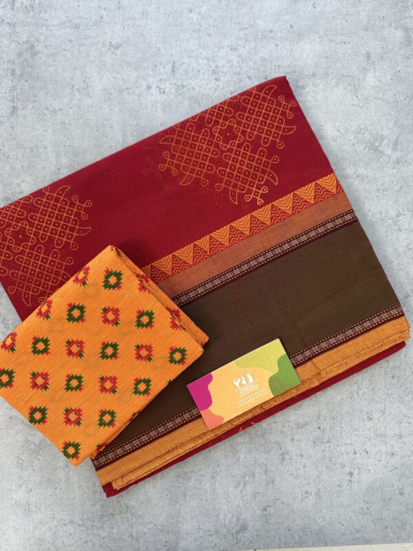 Mehendi Green Kolam Printed Handloom Cotton Saree with Extra Blouse Material