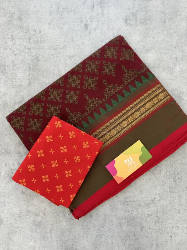 Maroon Kolam Printed Handloom Cotton Saree with Extra Blouse Material