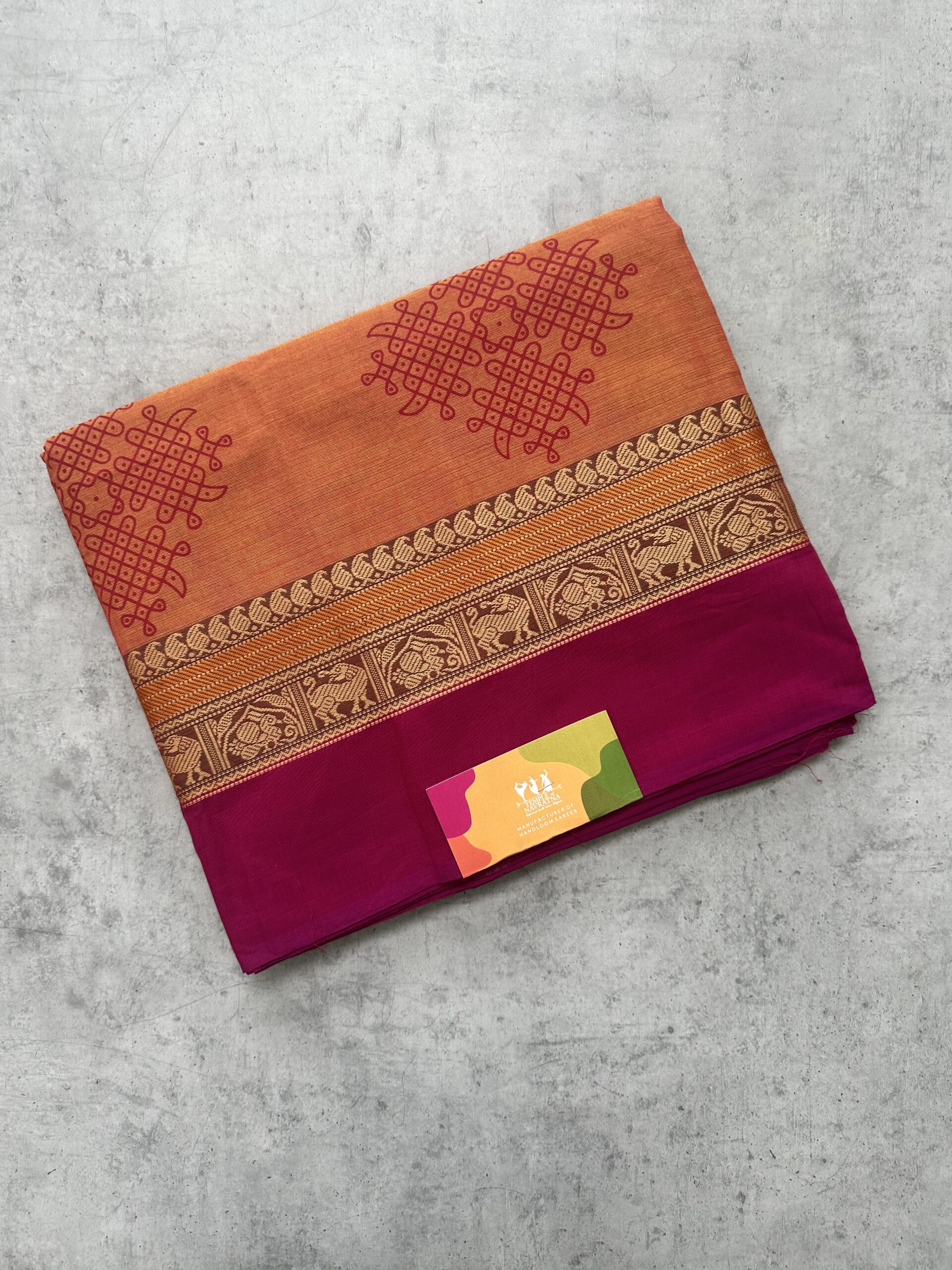 IMG_5208 Orange Kolam Printed Handloom Cotton Saree with Extra Blouse Material - Image 1