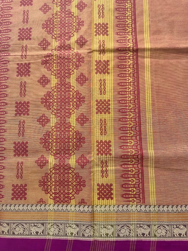 Orange Kolam Printed Handloom Cotton Saree with Extra Blouse Material - Image 3