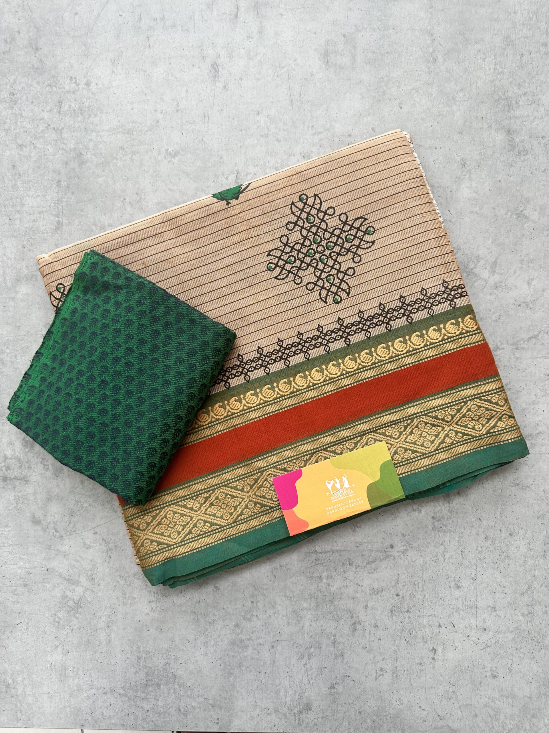 IMG_5212 Beige Kolam Printed Handloom Cotton Saree with Extra Blouse Material - Image 1