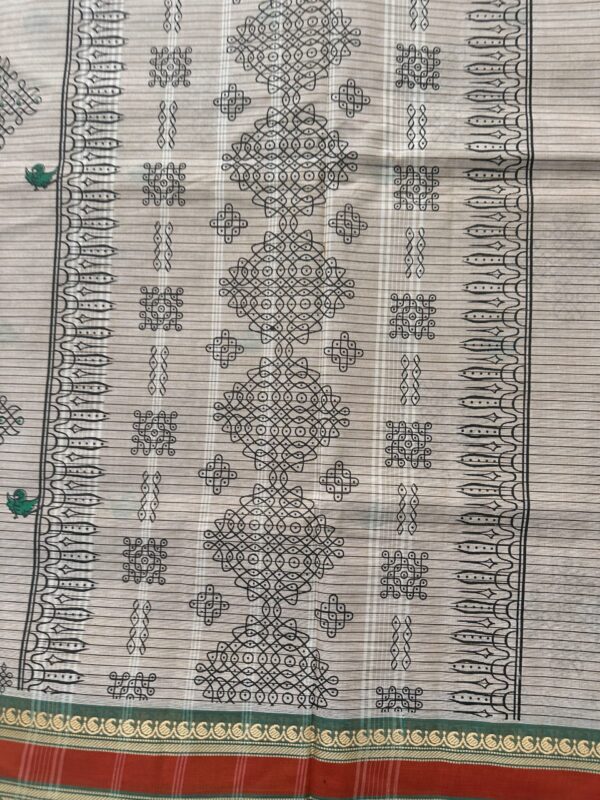 Beige Kolam Printed Handloom Cotton Saree with Extra Blouse Material - Image 3