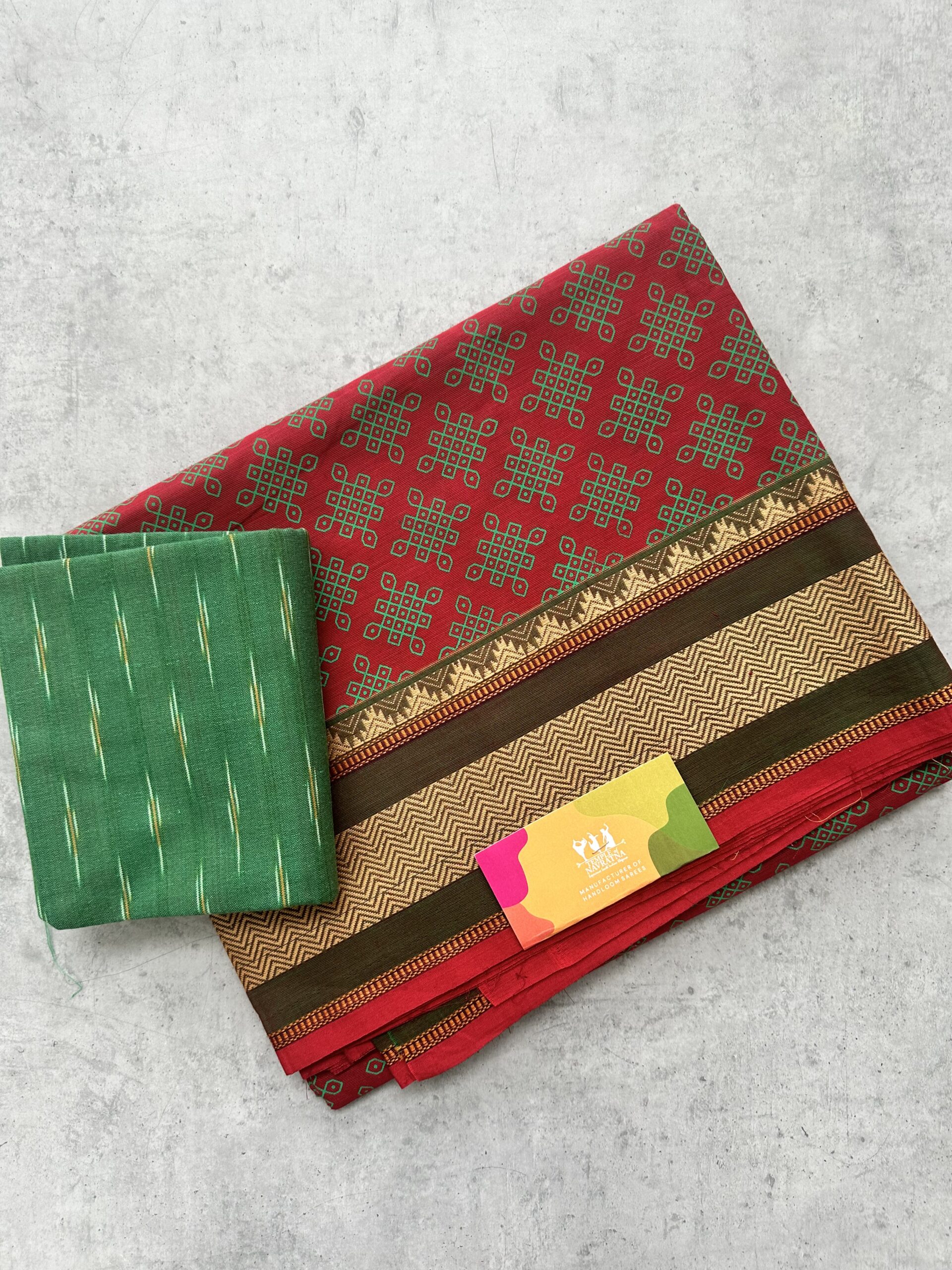 IMG_5217 Red Kolam Printed Handloom Cotton Saree with Extra Blouse Material - Image 1