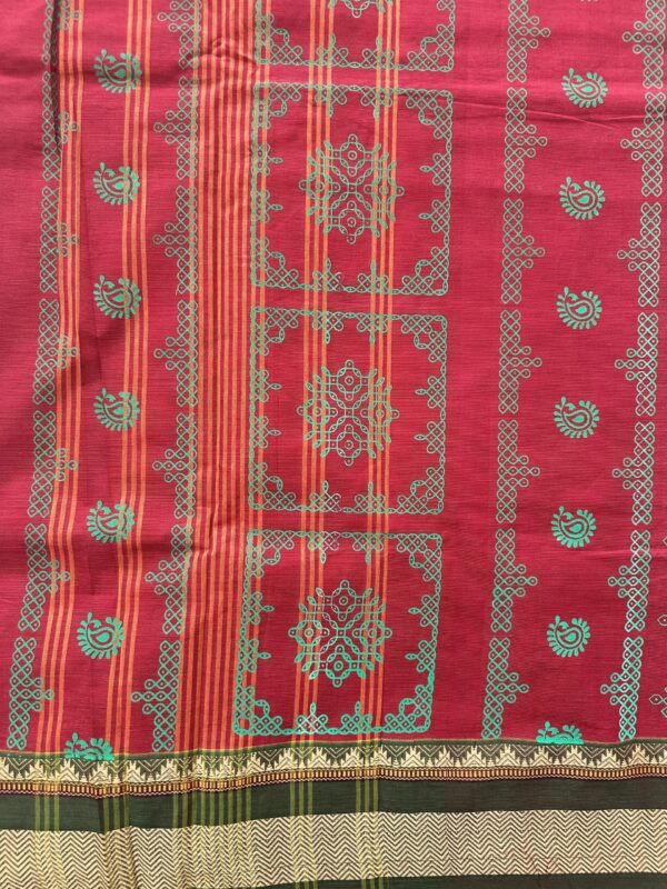 Red Kolam Printed Handloom Cotton Saree with Extra Blouse Material - Image 3