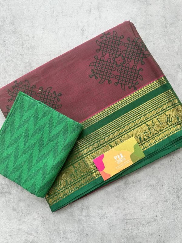 Mauve Kolam Printed Handloom Cotton Saree with Extra Blouse Material