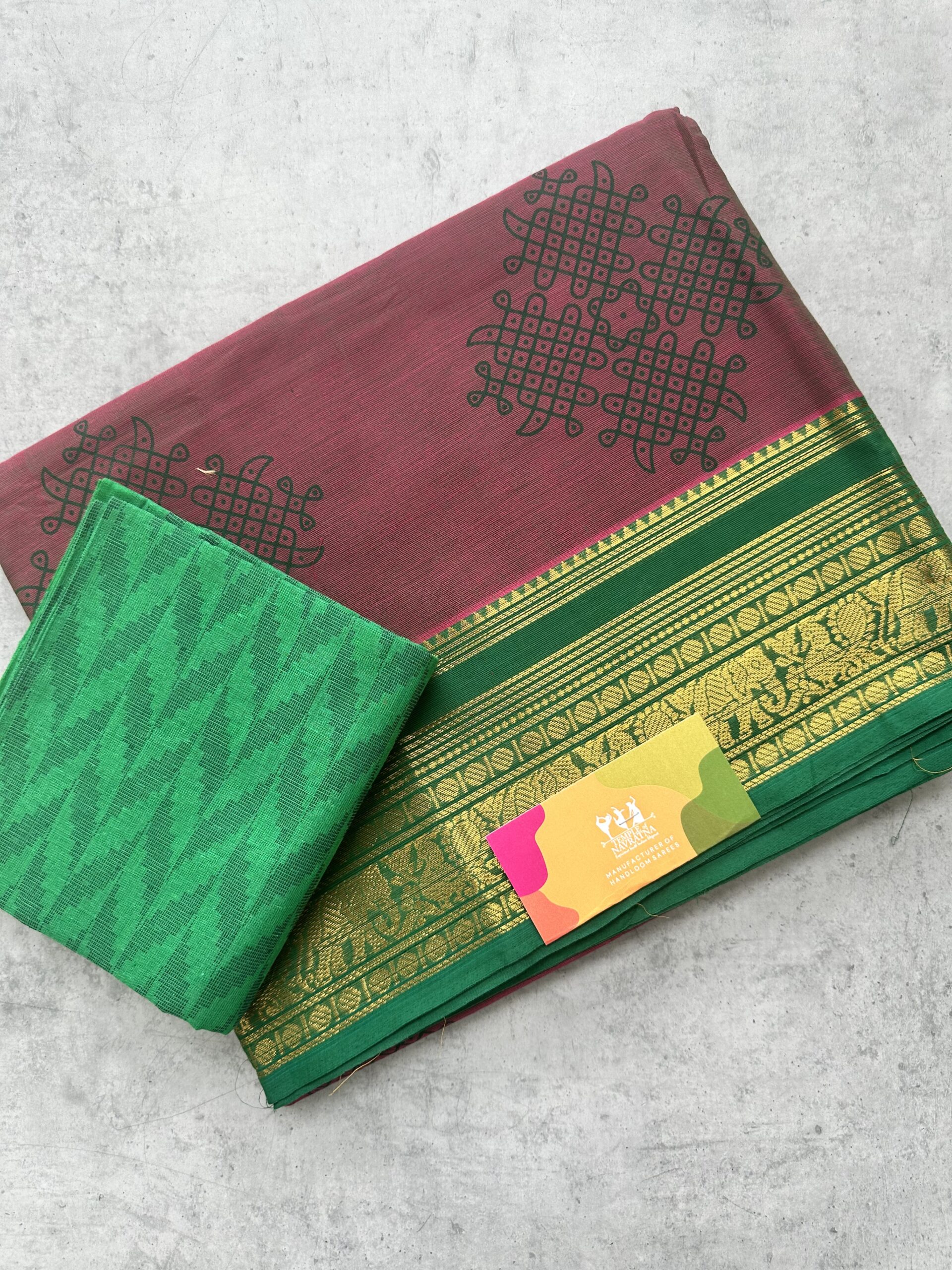 IMG_5221 Mauve Kolam Printed Handloom Cotton Saree with Extra Blouse Material - Image 1