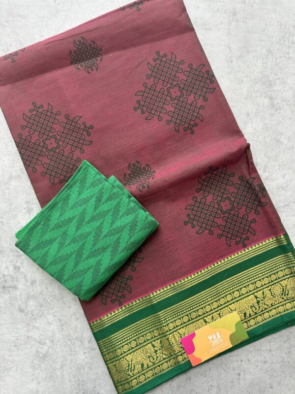 Mauve Kolam Printed Handloom Cotton Saree with Extra Blouse Material - Image 2