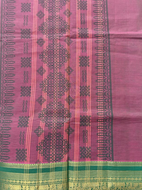 Mauve Kolam Printed Handloom Cotton Saree with Extra Blouse Material - Image 3