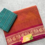 Orange Kolam Printed Handloom Cotton Saree with Extra Blouse Material