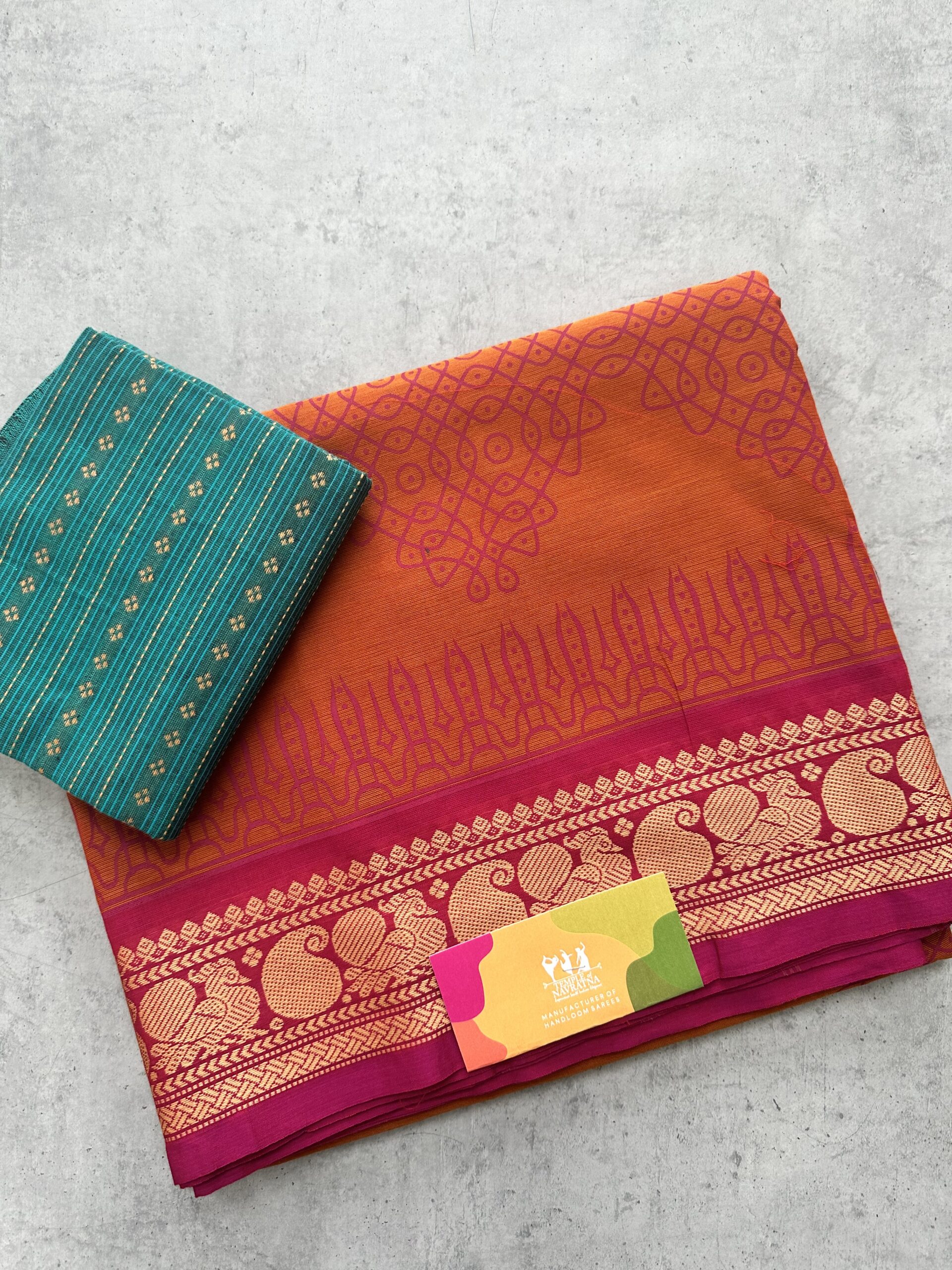 IMG_5225 Orange Kolam Printed Handloom Cotton Saree with Extra Blouse Material - Image 1