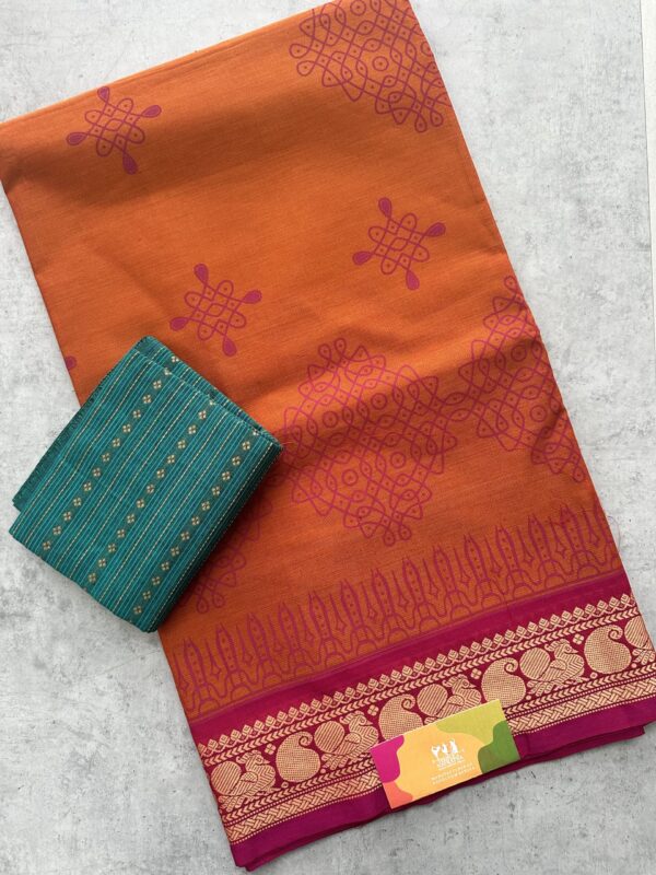 Orange Kolam Printed Handloom Cotton Saree with Extra Blouse Material - Image 2