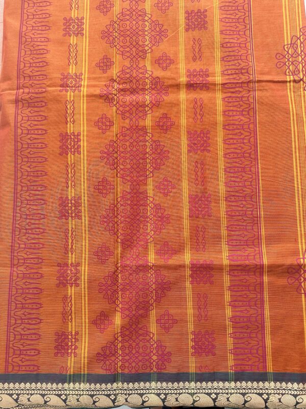Orange Kolam Printed Handloom Cotton Saree with Extra Blouse Material - Image 3