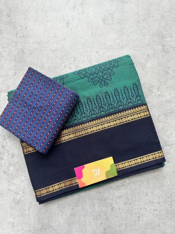 Light Blue Kolam Printed Handloom Cotton Saree with Extra Blouse Material