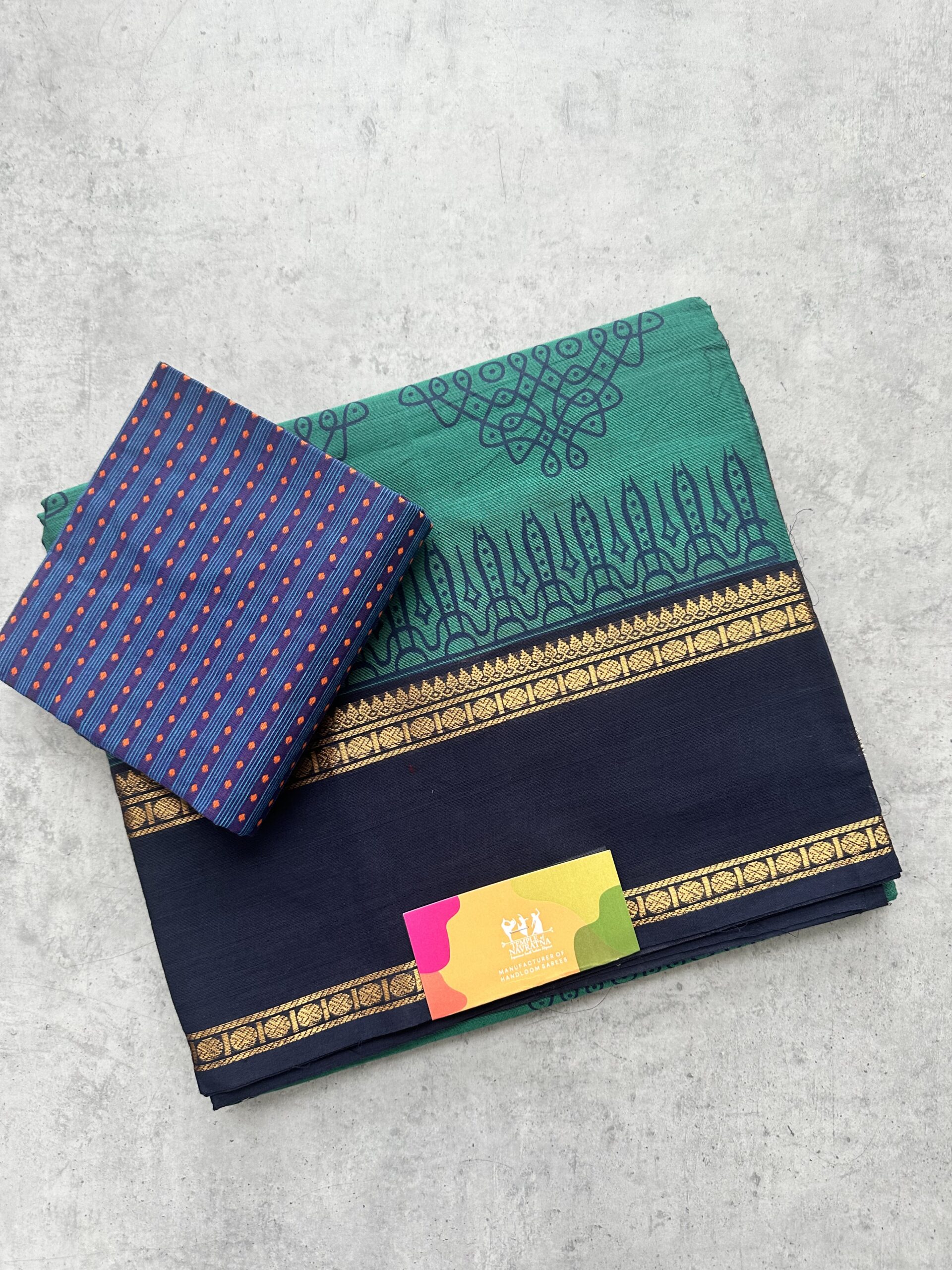 IMG_5228 Light Blue Kolam Printed Handloom Cotton Saree with Extra Blouse Material - Image 1