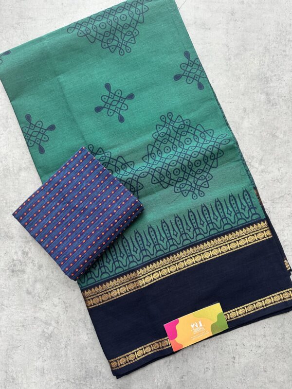 Light Blue Kolam Printed Handloom Cotton Saree with Extra Blouse Material - Image 2