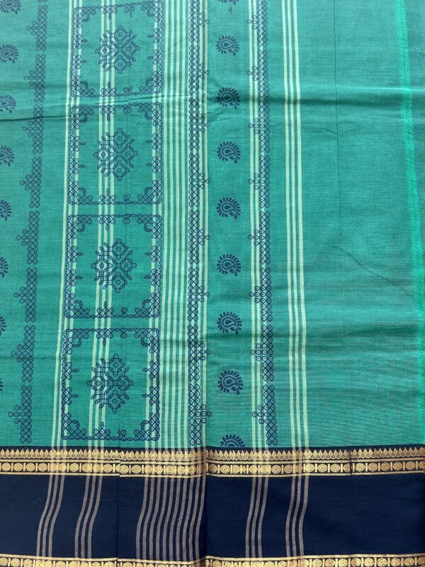 Light Blue Kolam Printed Handloom Cotton Saree with Extra Blouse Material - Image 3