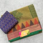 Olive Green Printed Handloom Cotton Saree with Extra Blouse Material