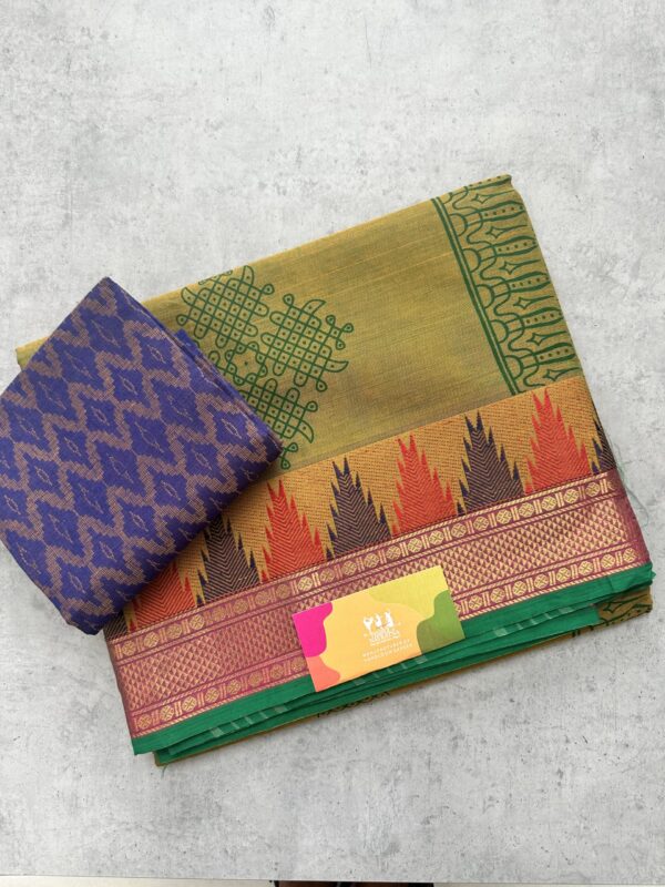 Olive Green Printed Handloom Cotton Saree with Extra Blouse Material