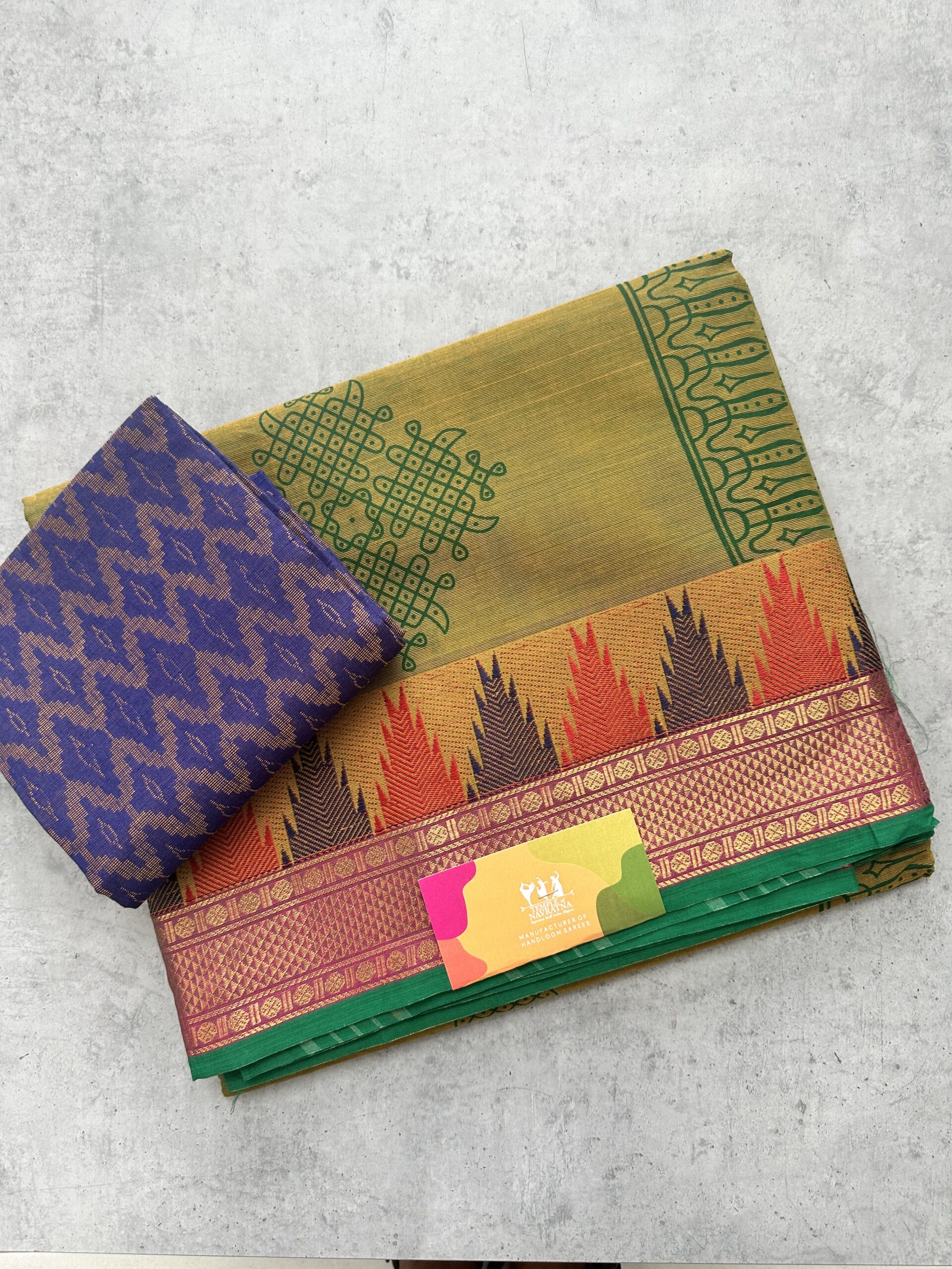 IMG_5231 Olive Green Printed Handloom Cotton Saree with Extra Blouse Material - Image 1