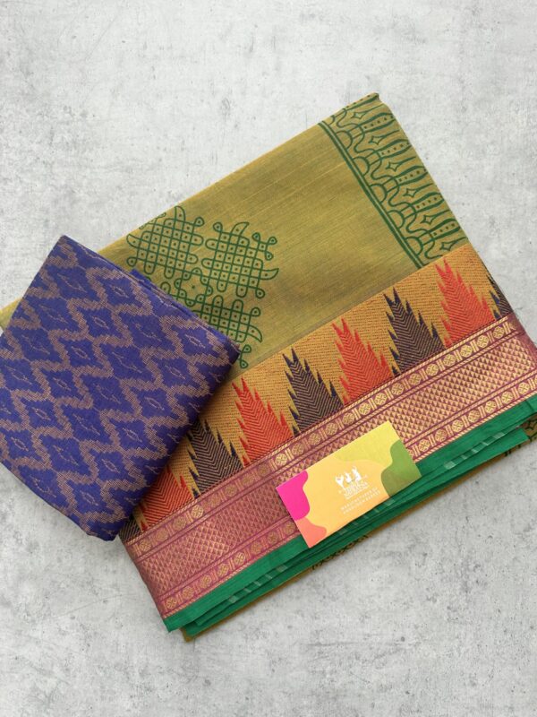 Olive Green Printed Handloom Cotton Saree with Extra Blouse Material - Image 2