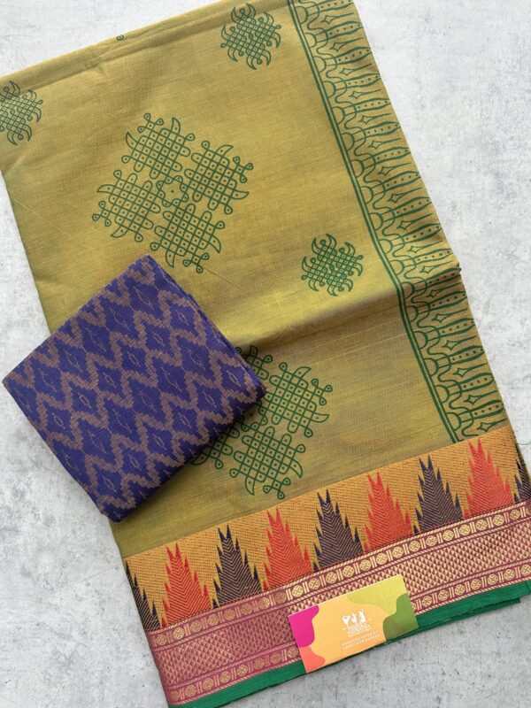 Olive Green Printed Handloom Cotton Saree with Extra Blouse Material - Image 3