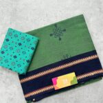Sea Green Kolam Printed Handloom Cotton Saree with Extra Blouse Material
