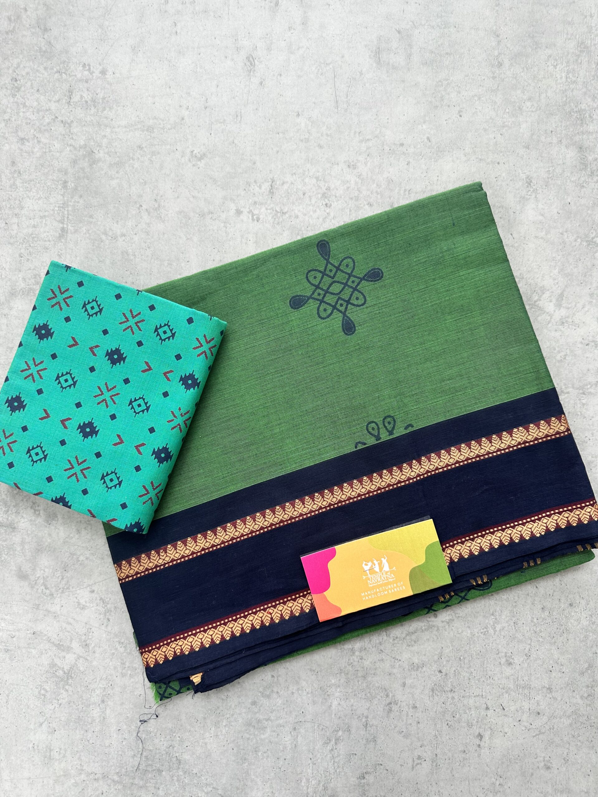 IMG_5239 Sea Green Kolam Printed Handloom Cotton Saree with Extra Blouse Material - Image 1