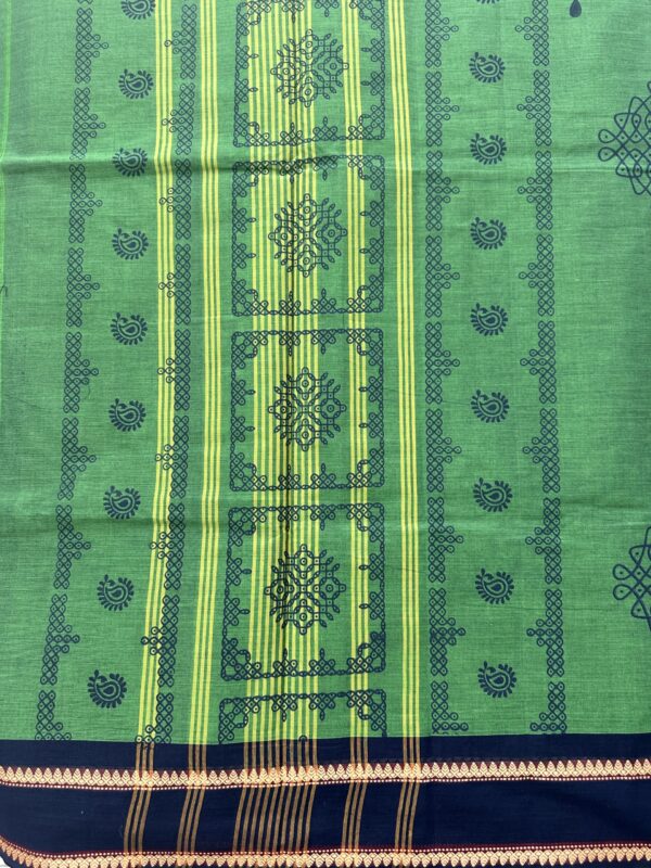 Sea Green Kolam Printed Handloom Cotton Saree with Extra Blouse Material - Image 3