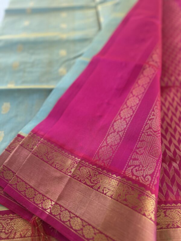 Sea Green & Hot Pink Silk Cotton Saree - Image 3